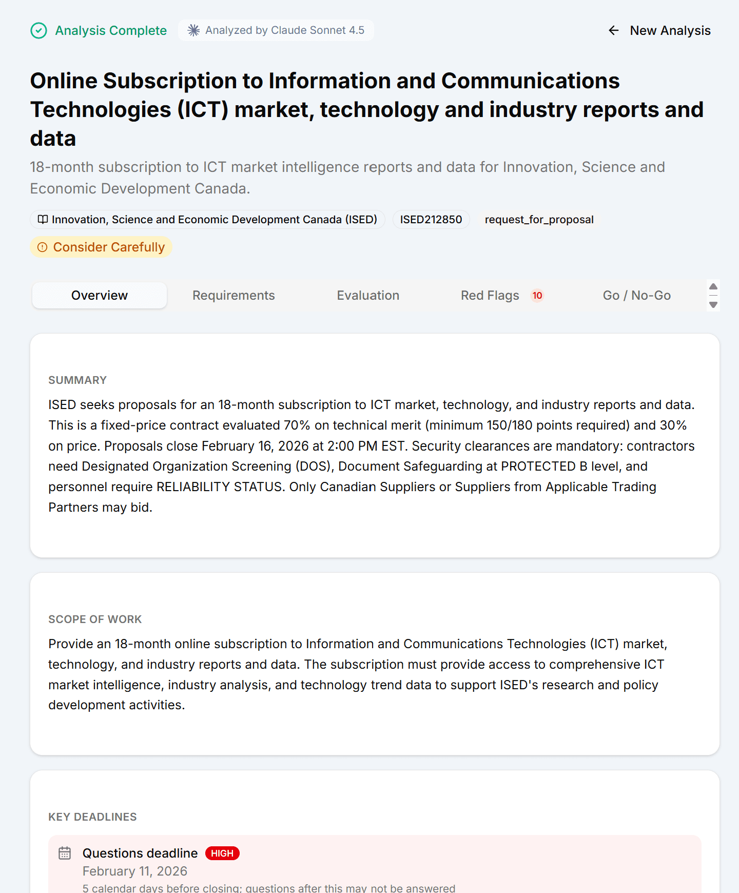 RFP analysis showing requirements, deadlines, and go/no-go recommendation